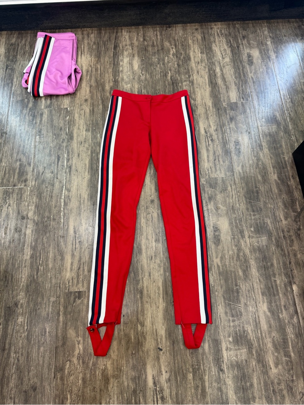 Gucci Red Stirrup Leggings with Navy and White Side Stripes